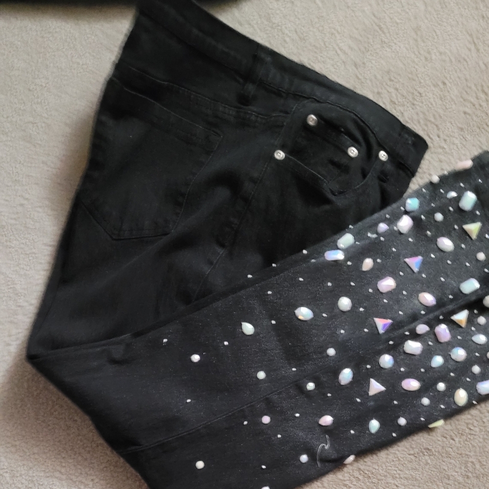 Black denim Diane Gilman Dg2 jeans with iridescent gem embellishments, 12P
